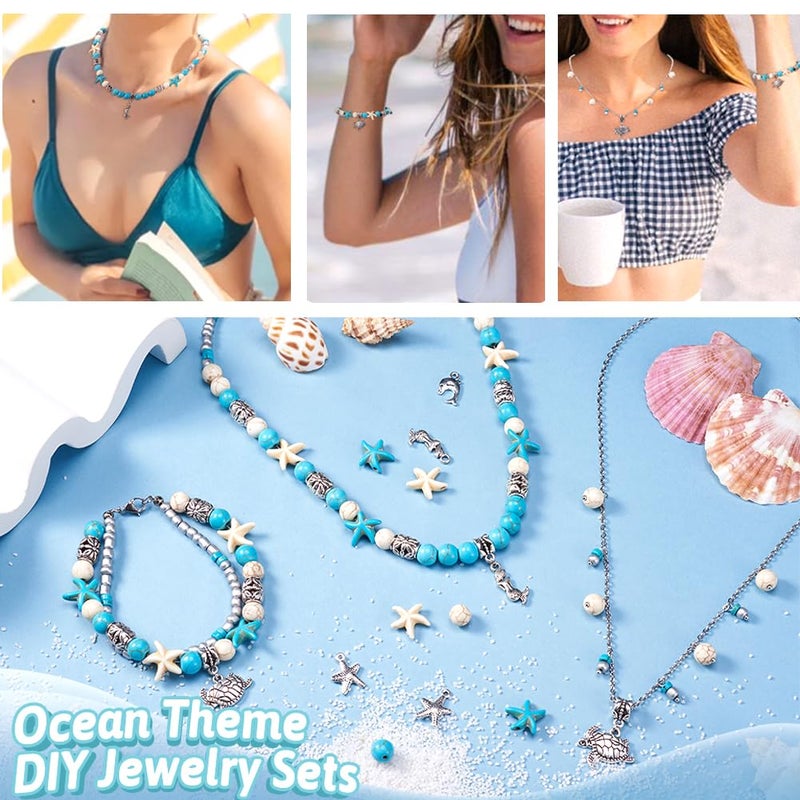 BB Beadthoven Beadthoven 160pcs Sea Starfish Turquoise Beads Silver Turtle Charms White Blue Small Ocean Animals Summer Ocean Boho Beads Beach Spacers for Bracelets DIY Jewelry Making Supplies - Image 3
